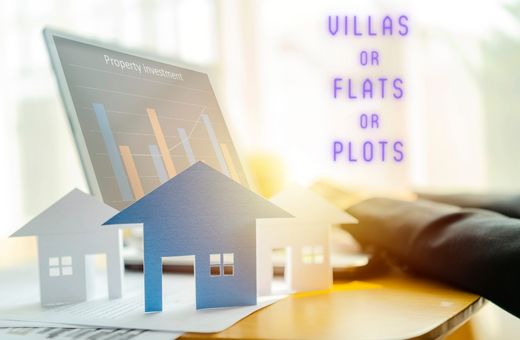 Hands in front of a computer monitor that displays property investment. Also there is text on the image saying Villas or Flats or Plots.